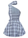 2pcs Blue 1960s One-Shoulder Plaid Top & Ruched Waist Skirt - vintage skirt, retro style