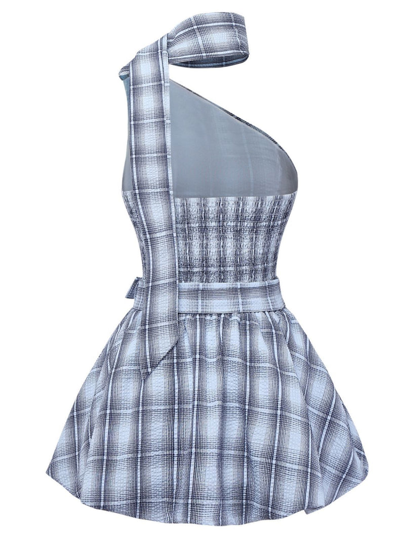 plaid one shoulder dress Brown Concha Plaid One-Shoulder Tie Maxi Dress