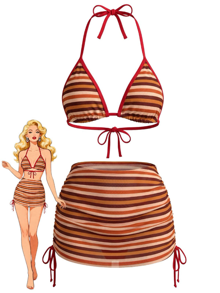3PCS Brown 1960s Stripe Halter Bikini Set & Ruched Skirt - vintage skirt, retro style