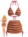 3PCS Brown 1960s Stripe Halter Bikini Set & Ruched Skirt - vintage skirt, retro style