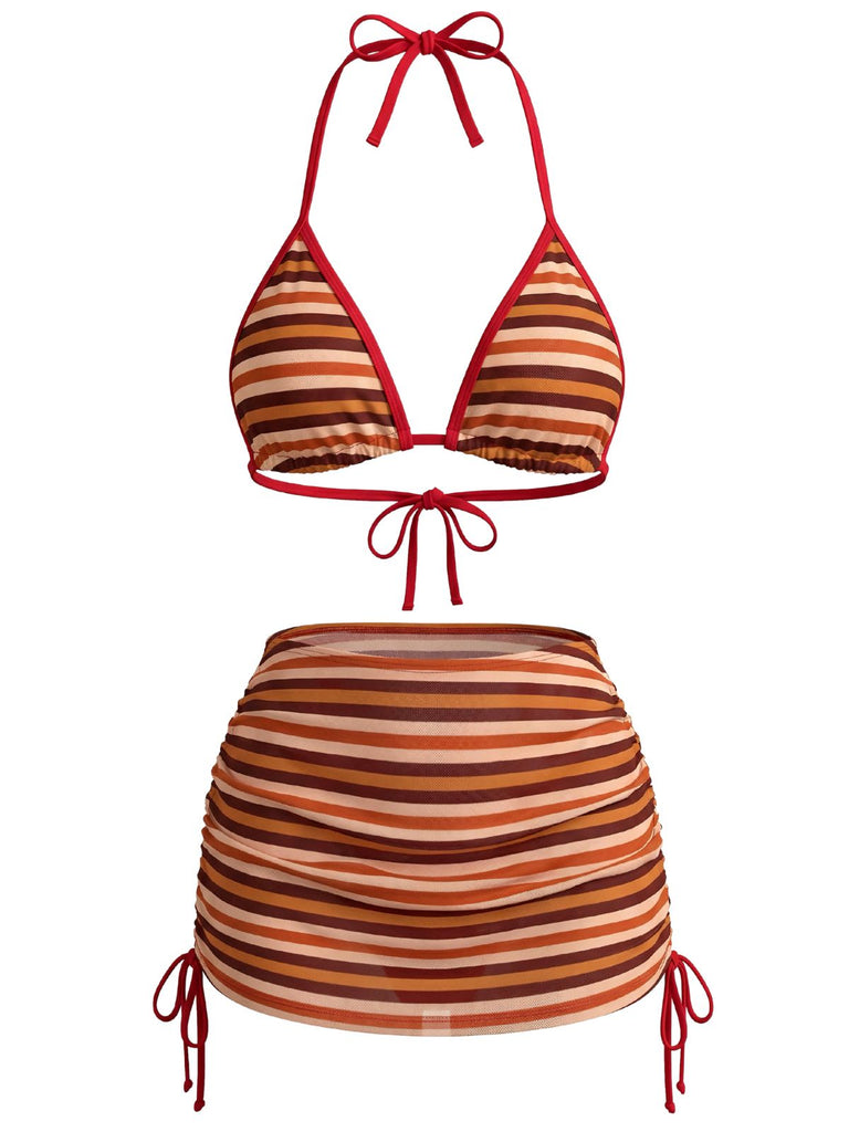 3PCS Brown 1960s Stripe Halter Bikini Set & Ruched Skirt - vintage skirt, retro style