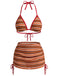 3PCS Brown 1960s Stripe Halter Bikini Set & Ruched Skirt - vintage skirt, retro style