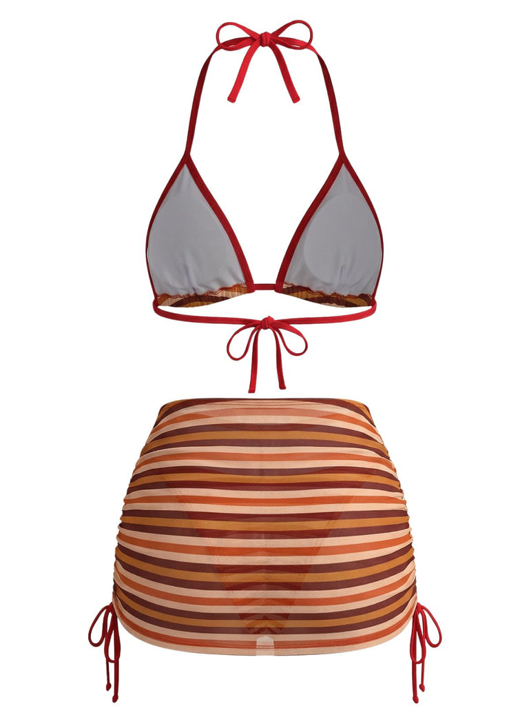 3PCS Brown 1960s Stripe Halter Bikini Set & Ruched Skirt - vintage skirt, retro style