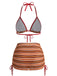 3PCS Brown 1960s Stripe Halter Bikini Set & Ruched Skirt - vintage skirt, retro style