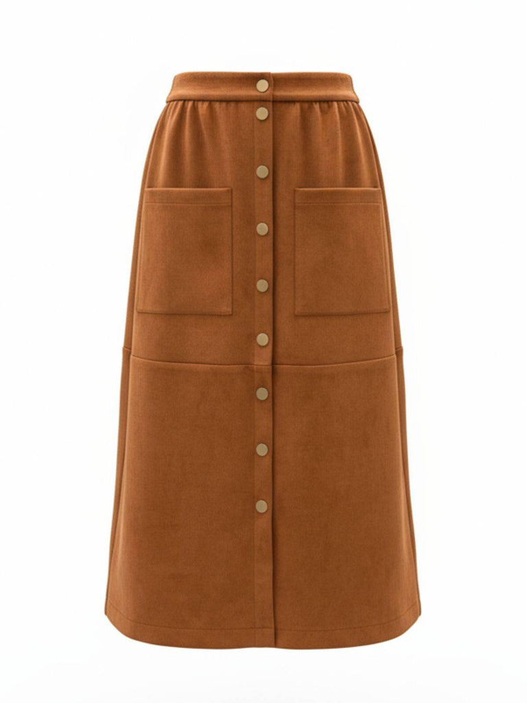 Brown 1960s Corduroy Button Front Pocket Midi Skirt - vintage skirt, retro style
