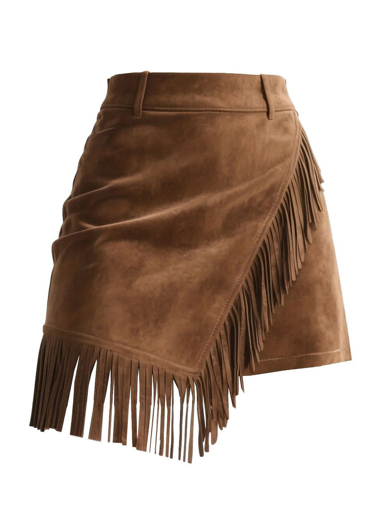 Brown 1960s Faux Suede Fringe Asymmetrical Hem Skirt - vintage skirt, retro style