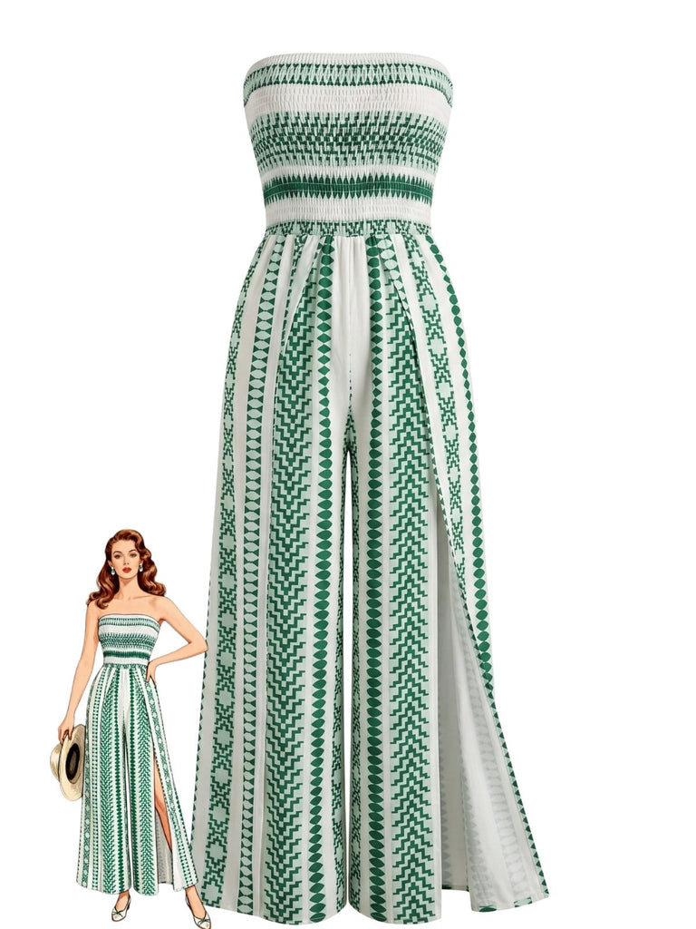 1960s Sleeveless Print Slit Strapless Jumpsuit, vintage romper, retro jumpsuit - perfect for women who love vintage and retro fashion