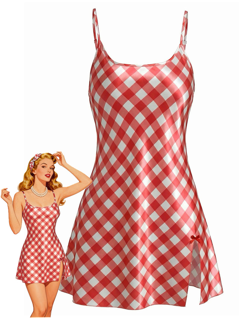 1960s Slip Satin Gingham Side Slit Nightgown - vintage fashion, retro style for vintage lovers