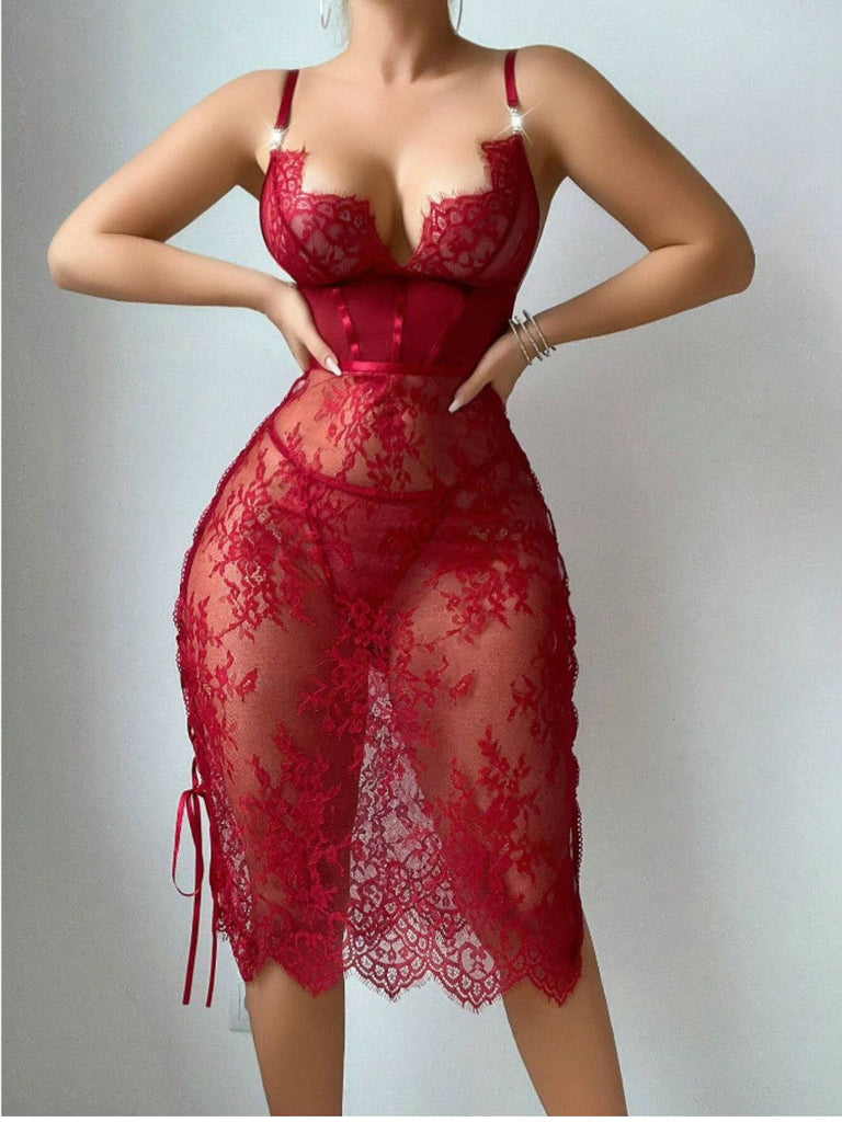 Wine Red 1960s Lace Hollow Bodycon Jumpsuit, vintage romper, retro jumpsuit - perfect for women who love vintage and retro fashion