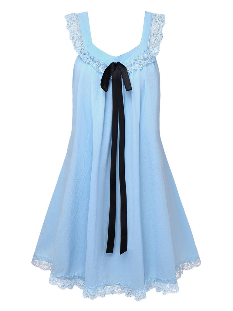 Women's Lace Bow Backless Babydoll Mini Dress Blue