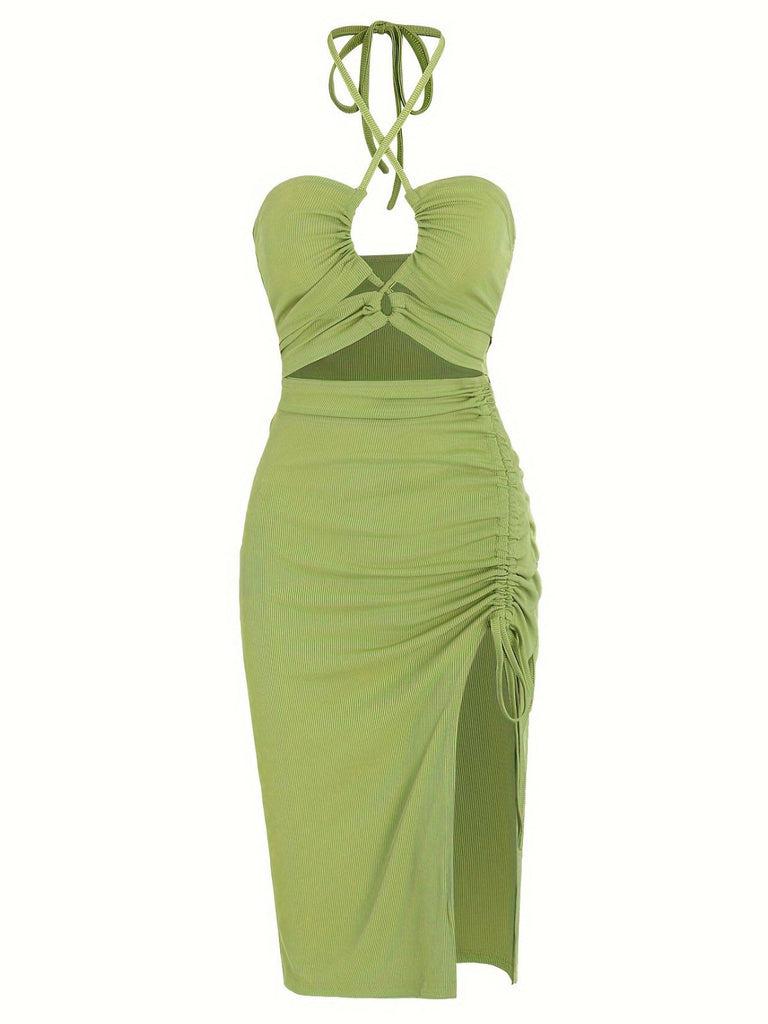 1960s Solid Drawstring Cut-Out Bodycon Dress