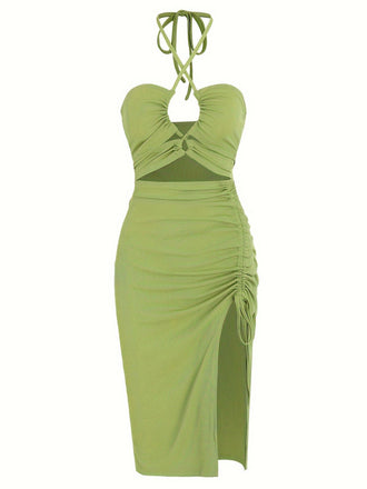 1960s Solid Drawstring Cut-Out Bodycon Dress - vintage dress, retro fashion