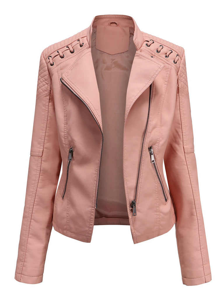 This 1960s Solid Faux Leather Motorcycle Jacket is her armor of 1960s elegance