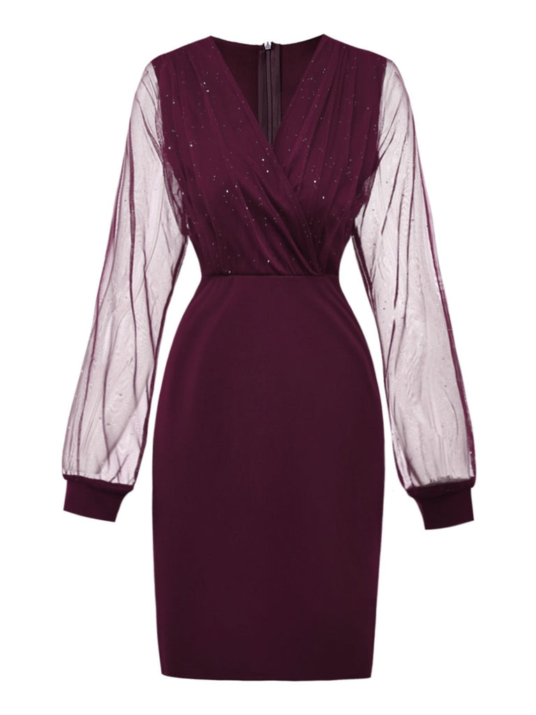 1960s Solid Glitter V-Neck Mesh Bodycon Dress - vintage dress, retro fashion