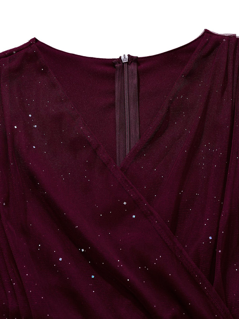 1960s Solid Glitter V-Neck Mesh Bodycon Dress - vintage dress, retro fashion