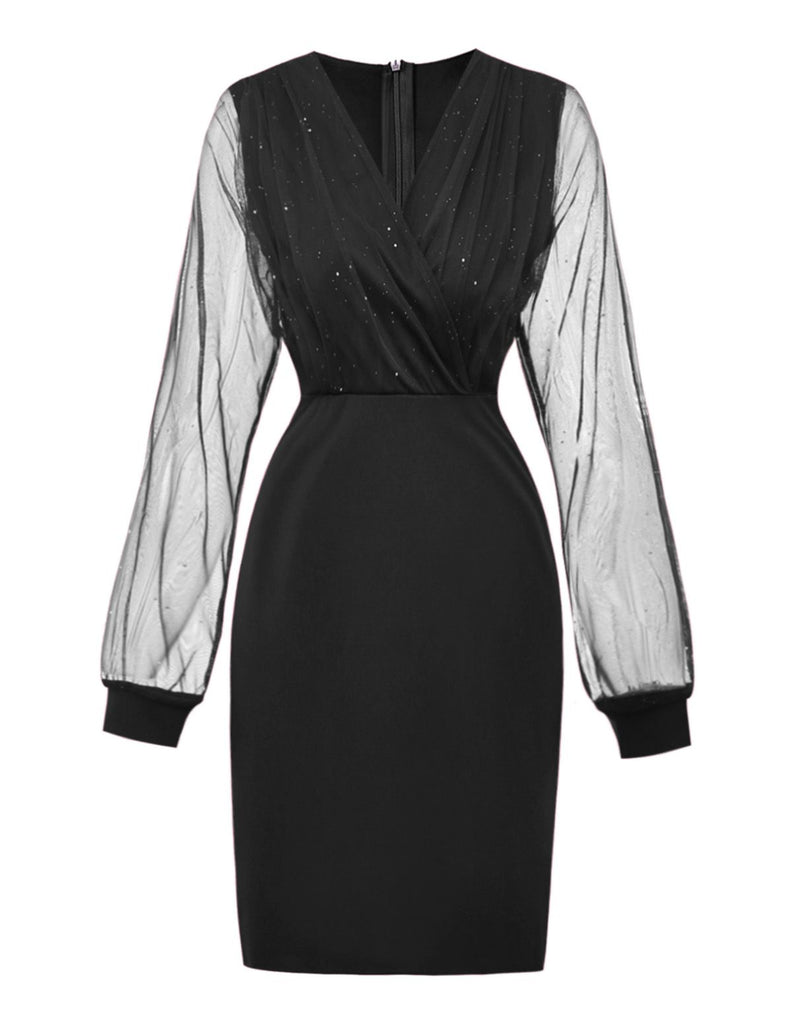 1960s Solid Glitter V-Neck Mesh Bodycon Dress - vintage dress, retro fashion