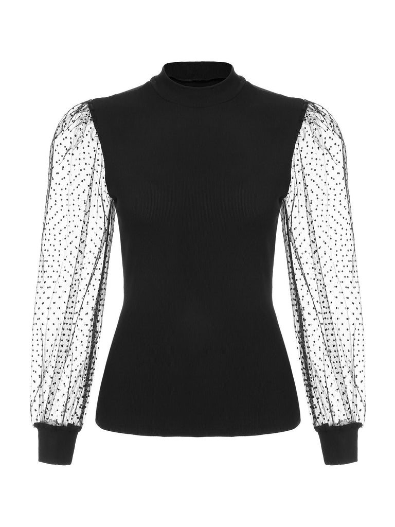 1960s Solid Half Turtleneck Puff Sleeve Knitted Top - vintage fashion, retro style