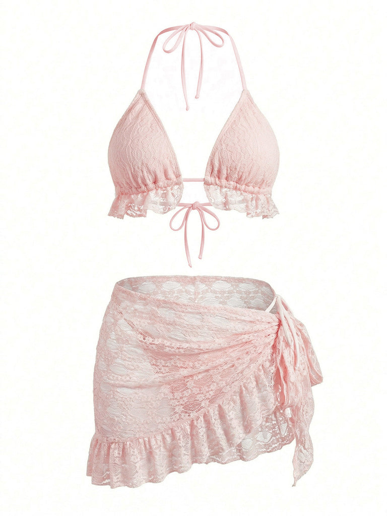 1960s Solid Halter Lace Bikini Set & Ruffle Cover-Up - vintage fashion, retro style