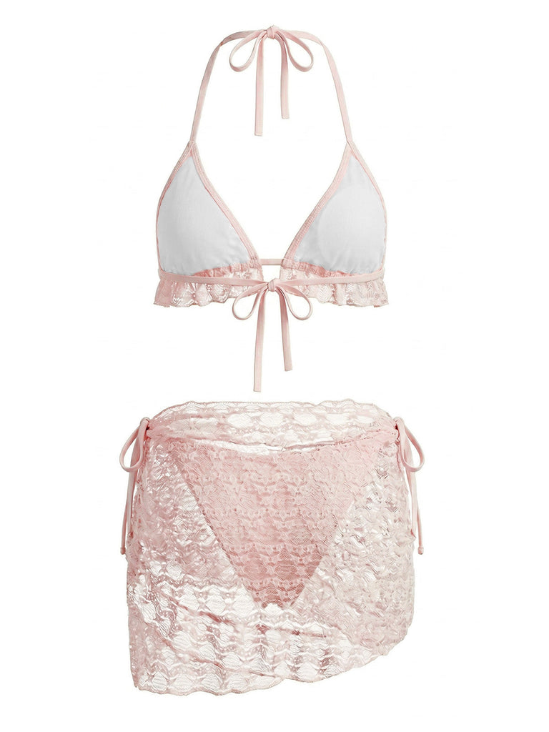 1960s Solid Halter Lace Bikini Set & Ruffle Cover-Up - vintage fashion, retro style