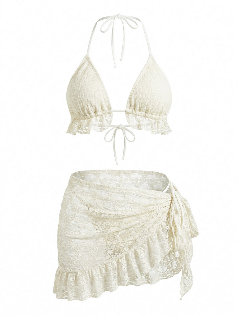 1960s Solid Halter Lace Bikini Set & Ruffle Cover-Up - vintage fashion, retro style
