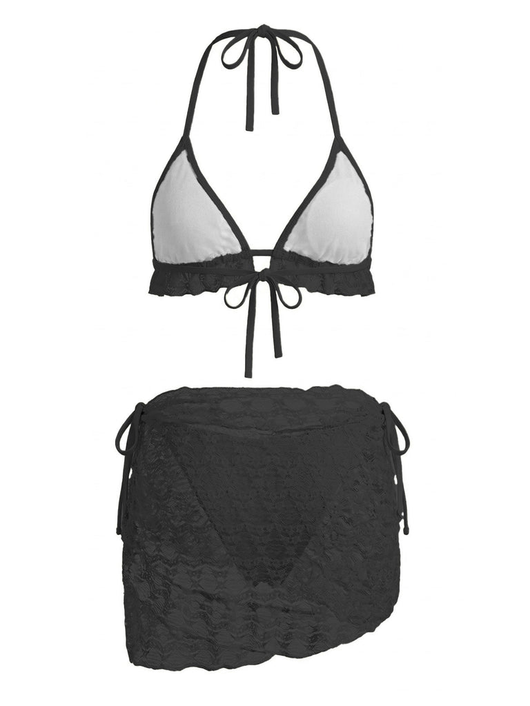 1960s Solid Halter Lace Bikini Set & Ruffle Cover-Up - vintage fashion, retro style