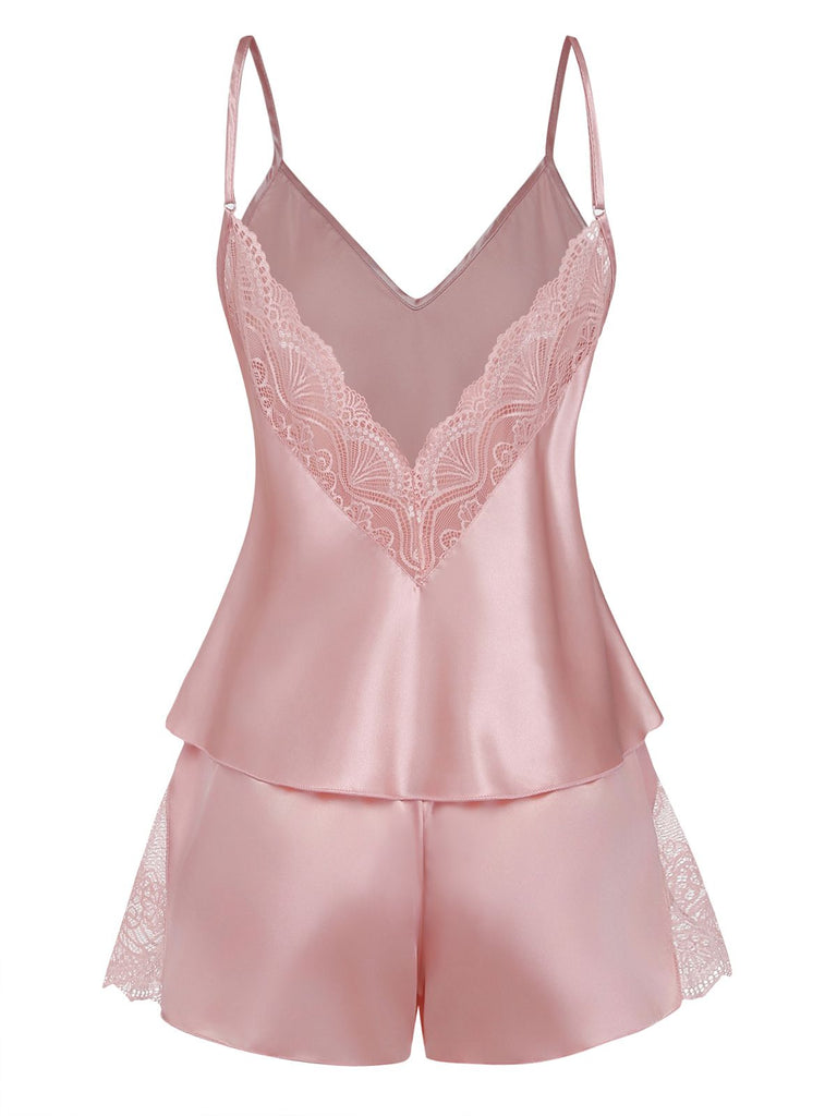 1960s Solid Lace Trim Satin Cami Patchwork Pajama Set - vintage fashion, retro style