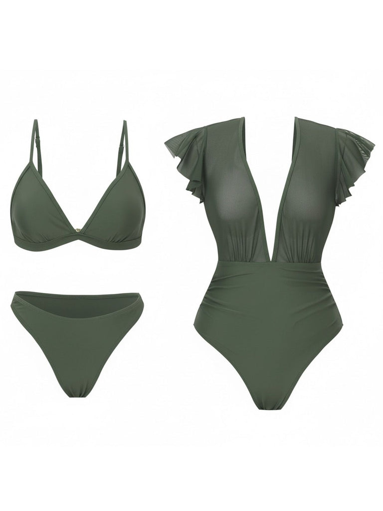 1960s Solid Mesh Plunge Bikini Set & Cover-Up - vintage fashion, retro style