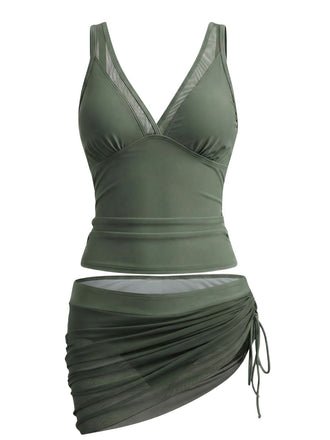 1960s Solid Mesh V-Neck Tankini Set & Ruched Skirt, vintage skirt, retro style - perfect for women who love vintage and retro fashion