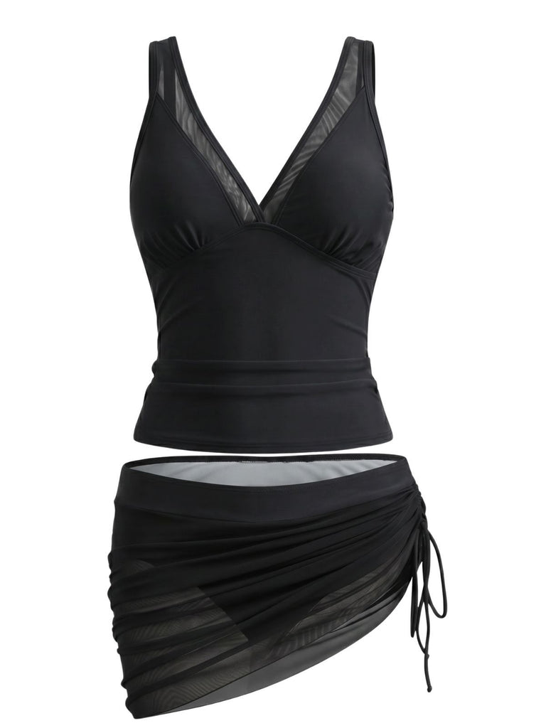 1960s Solid Mesh V-Neck Tankini Set & Ruched Skirt, vintage skirt, retro style - perfect for women who love vintage and retro fashion