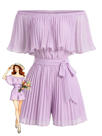 1960s Solid Off Shoulder Pleated Romper 5