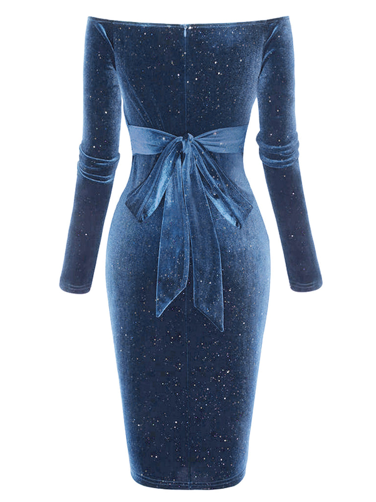 Vintage Velvet Off-Shoulder Glitter Long Sleeve Ruched Tie Belted Midi Dress Blue Vintage Velvet Off-Shoulder Glitter Long Sleeve Ruched Tie Belted Midi Dress Blue