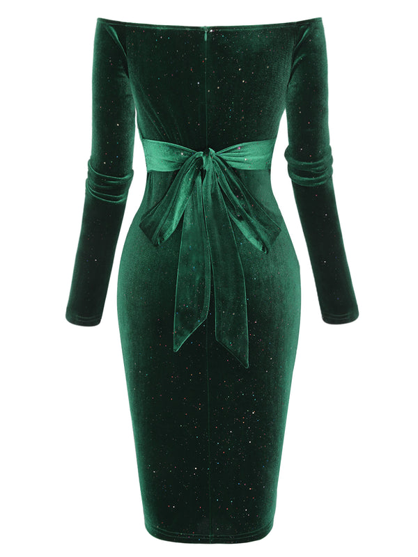 Vintage Solid Off-Shoulder Velvet Bodycon Dress Dark Green Vintage Solid Off-Shoulder Velvet Bodycon Dress Dark Green