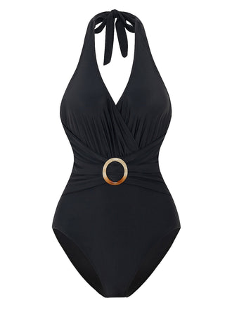 She's wearing 1960s Solid Ring Belt Halter Swimsuit and the whole beach remembers the 1960s
