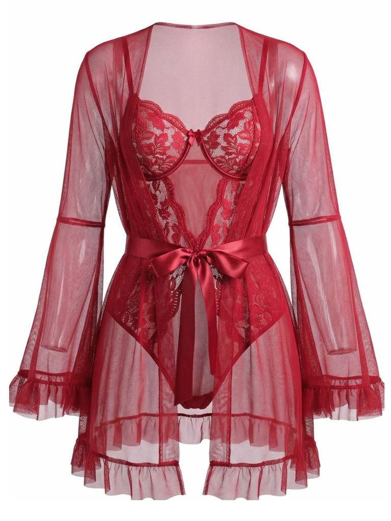 1960s Solid Sheer Lace Patchwork Sleepwear Set - vintage nightgown, retro sleepwear