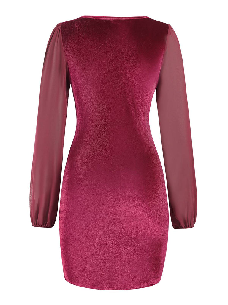 1960s Solid Sheer Sleeves V-Neck Velvet Dress, vintage dress, retro fashion - perfect for women who love vintage and retro fashion