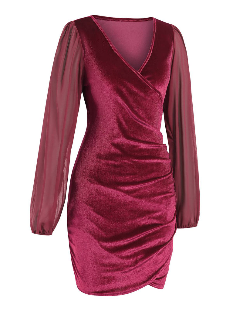 1960s Solid Sheer Sleeves V-Neck Velvet Dress, vintage dress, retro fashion - perfect for women who love vintage and retro fashion