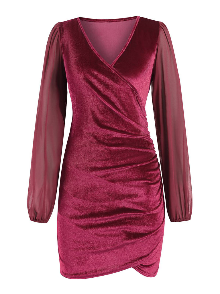 She slips into this 1960s Solid Sheer Sleeves V-Neck Velvet Dress and suddenly it's a 1960s daydream