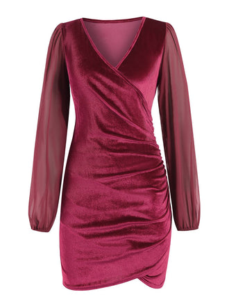 She slips into this 1960s Solid Sheer Sleeves V-Neck Velvet Dress and suddenly it's a 1960s daydream