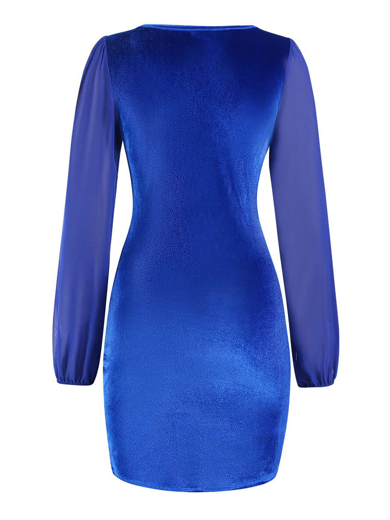 1960s Solid Sheer Sleeves V-Neck Velvet Dress, vintage dress, retro fashion - perfect for women who love vintage and retro fashion