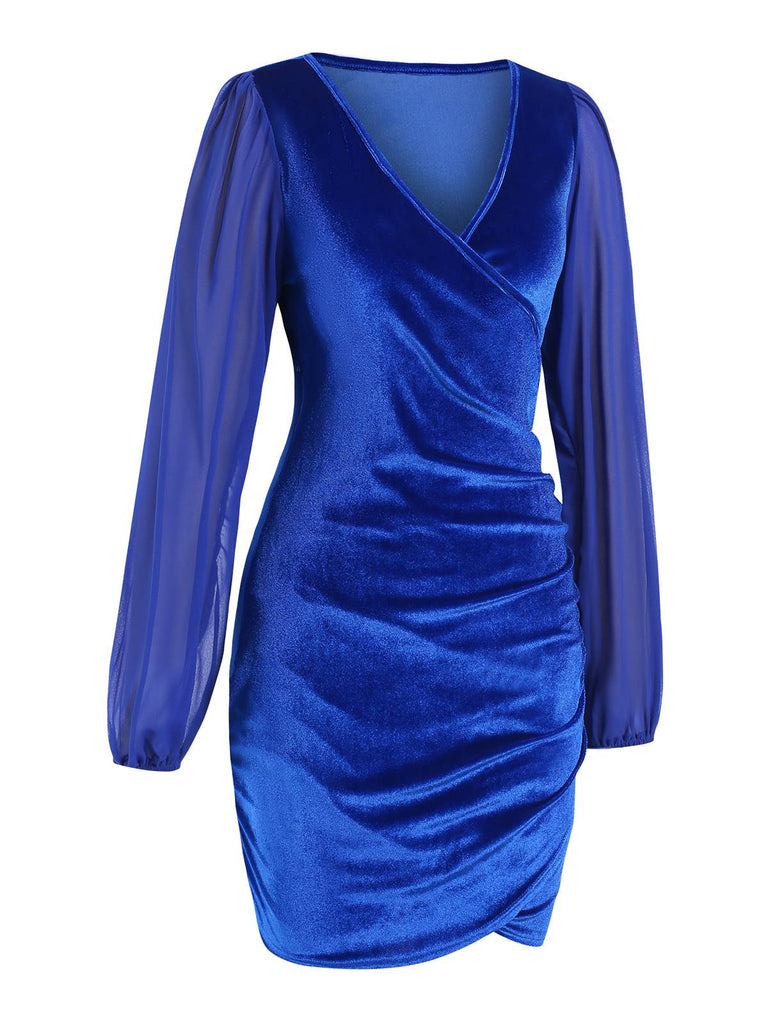 1960s Solid Sheer Sleeves V-Neck Velvet Dress, vintage dress, retro fashion - perfect for women who love vintage and retro fashion