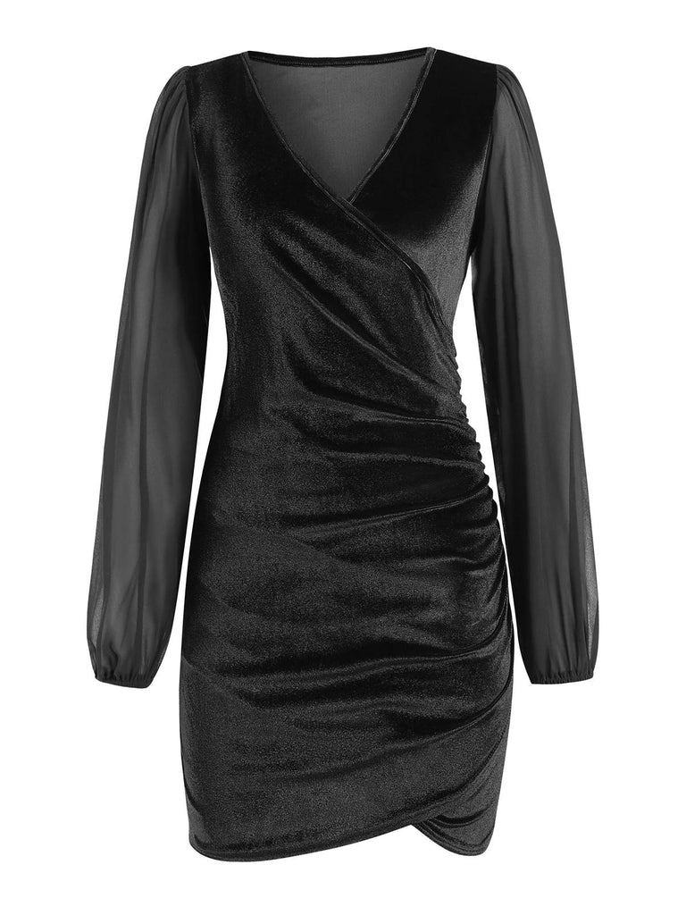 1960s Solid Sheer Sleeves V-Neck Velvet Dress — a 1960s silhouette that turns sidewalks into runways