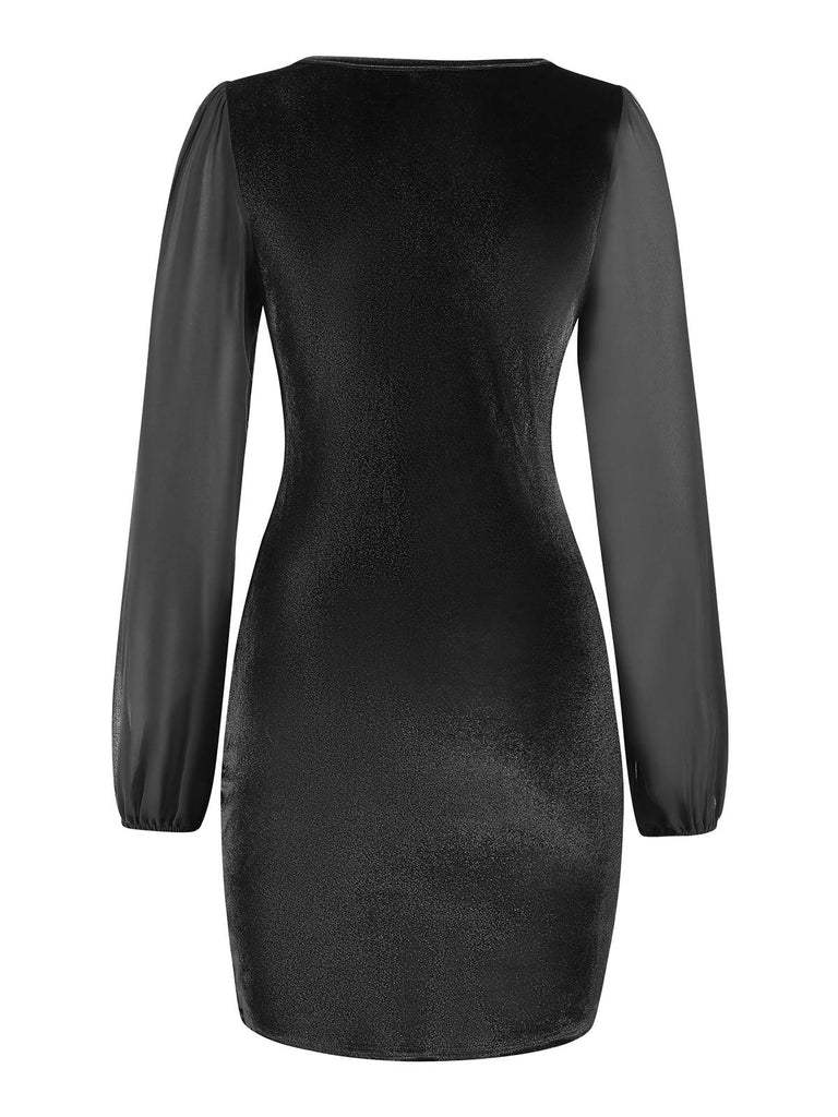 1960s Solid Sheer Sleeves V-Neck Velvet Dress, vintage dress, retro fashion - perfect for women who love vintage and retro fashion