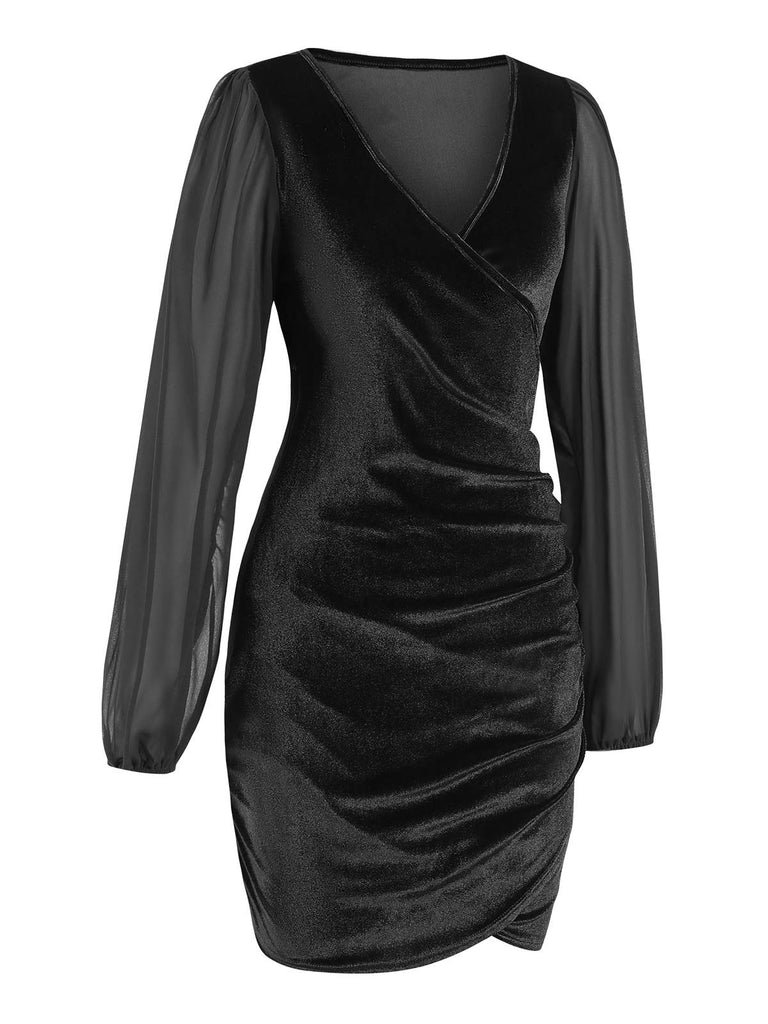 1960s Solid Sheer Sleeves V-Neck Velvet Dress, vintage dress, retro fashion - perfect for women who love vintage and retro fashion
