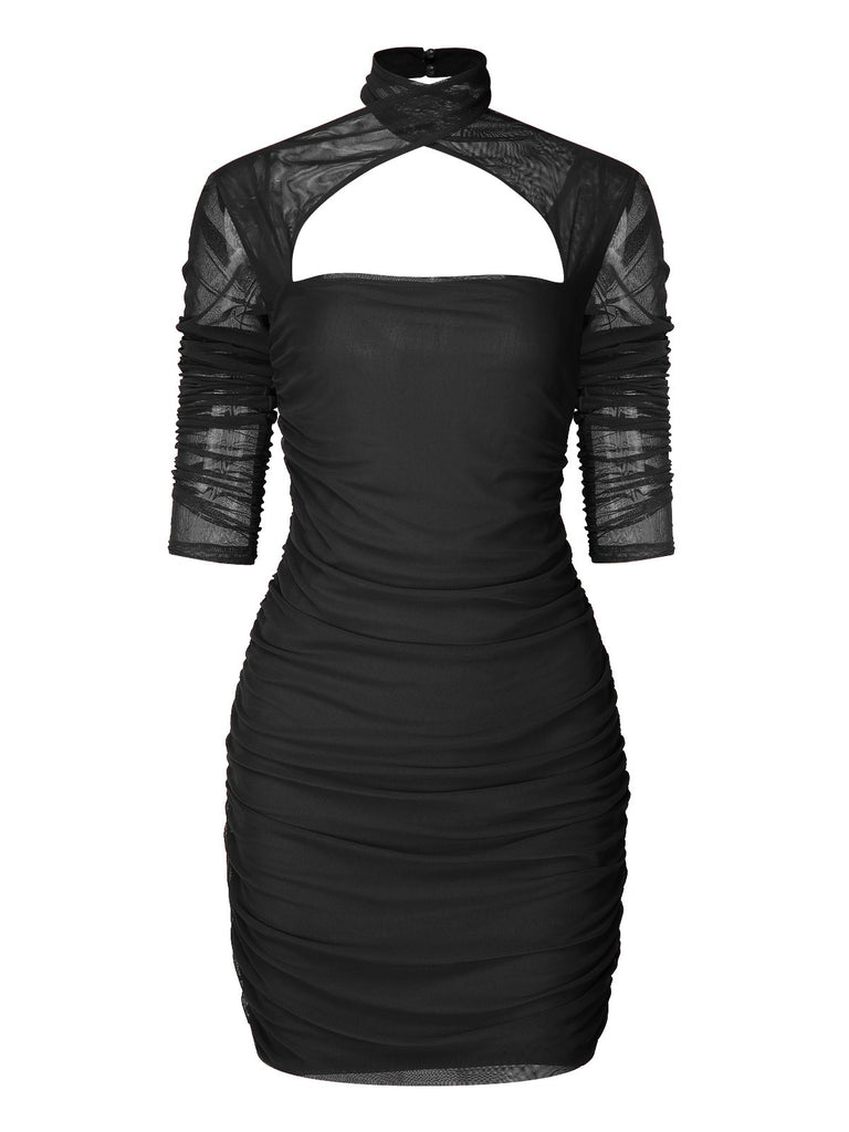 She slips into this 1960s Solid Sheer Wrinkle Halter Bodycon Dress and suddenly it's a 1960s daydream