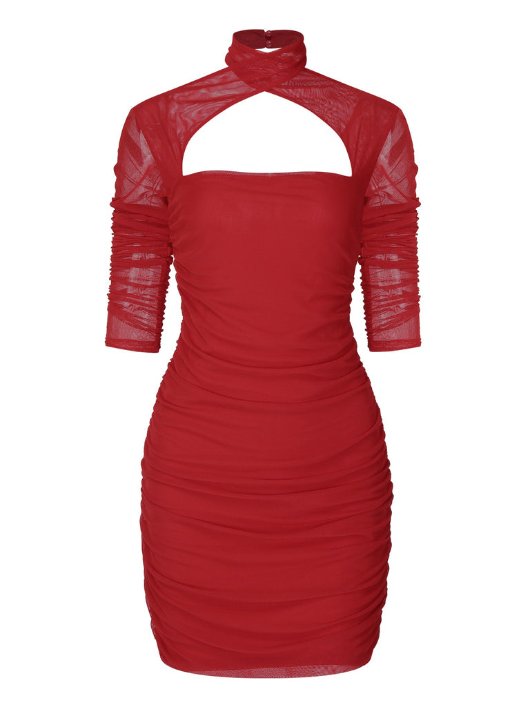 1960s Solid Sheer Wrinkle Halter Bodycon Dress — a 1960s silhouette that turns sidewalks into runways