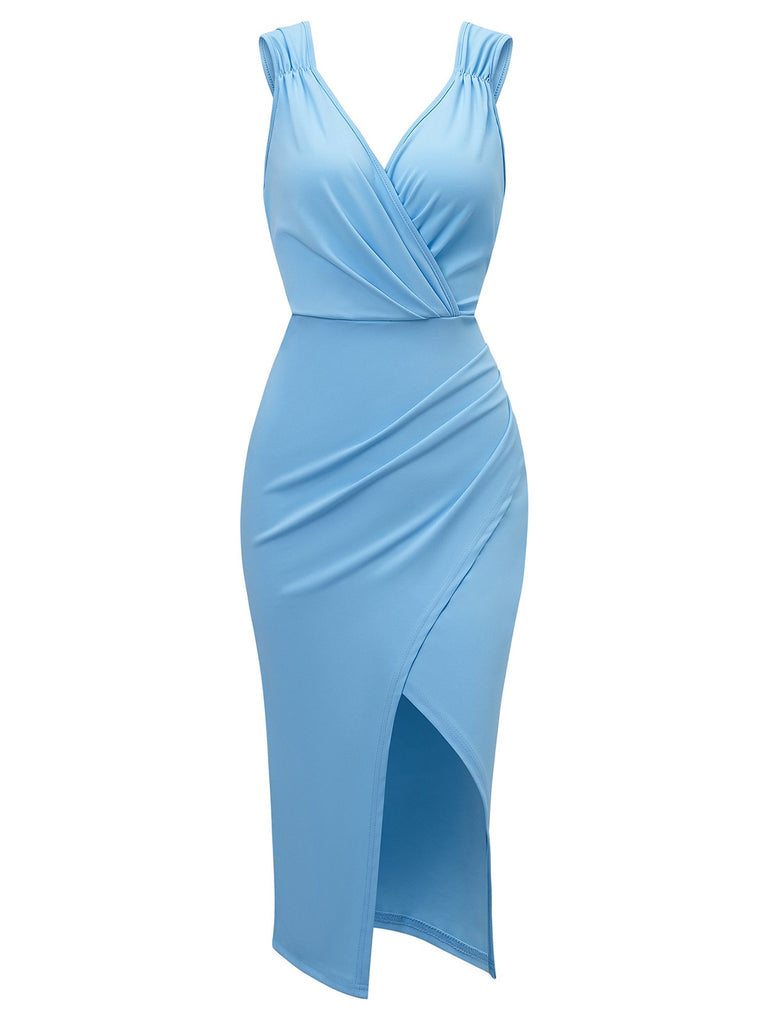 She slips into this 1960s Solid V-Neck Side Slit Bodycon Dress and suddenly it's a 1960s daydream