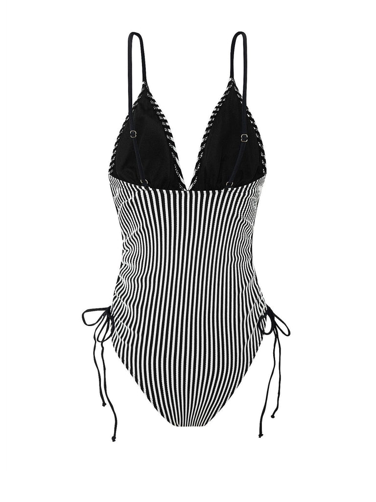 1960s Spaghetti Strap Contrast Stripes One-Piece Swimsuit: 1960s Riviera elegance, reimagined for her