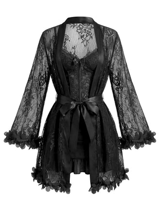 1960s Spaghetti Strap Lace Belted Sleepwear Set - vintage nightgown, retro sleepwear