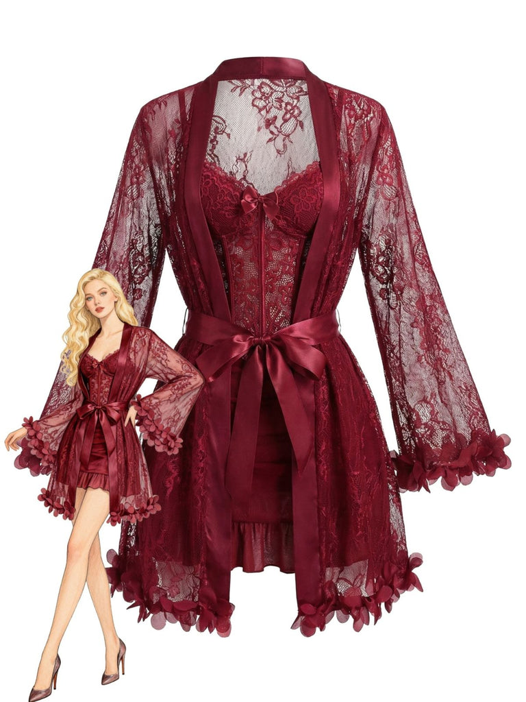 1960s Spaghetti Strap Lace Belted Sleepwear Set - vintage nightgown, retro sleepwear