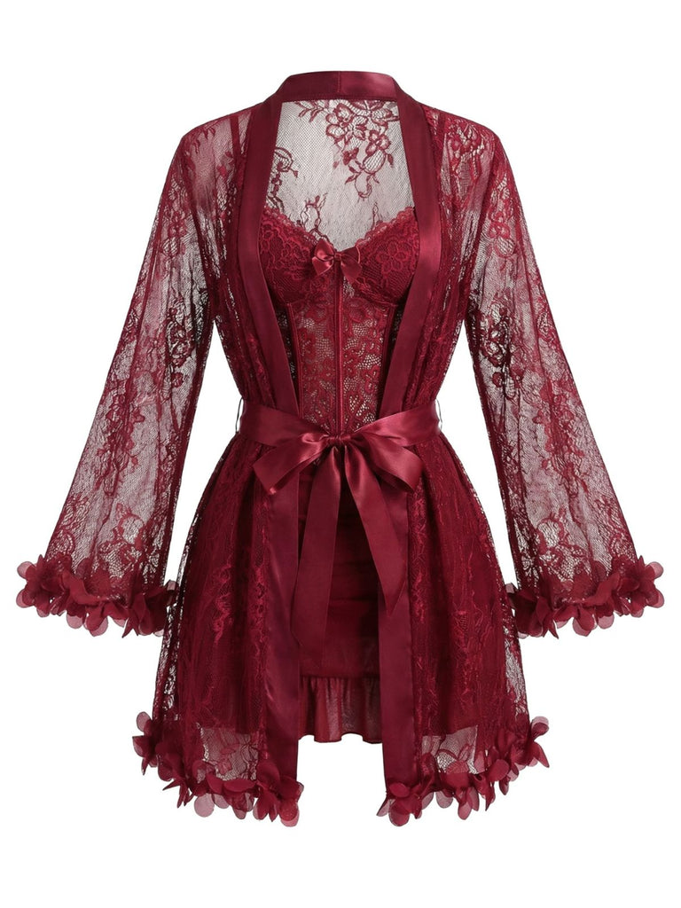 1960s Spaghetti Strap Lace Belted Sleepwear Set - vintage nightgown, retro sleepwear